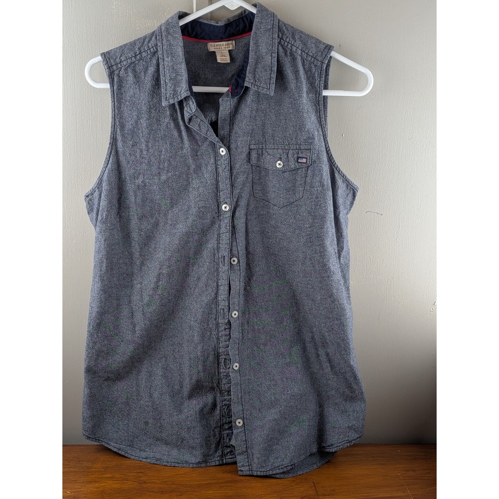 US Polo Assn Womens Large Sleeveless Button Down Shirt Blue Cotton Chambray Top